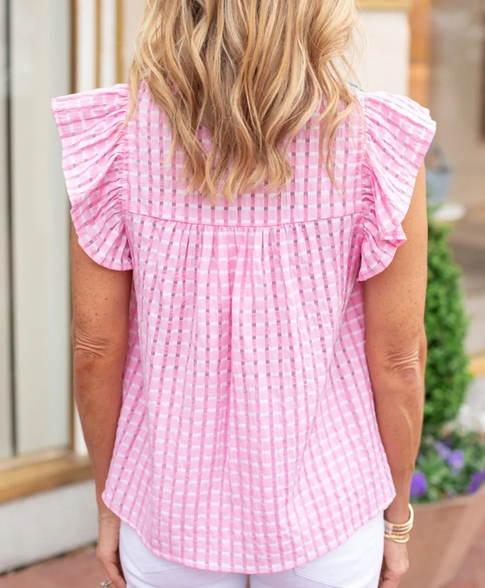 Ruffle Floral Embroidered Checker Top