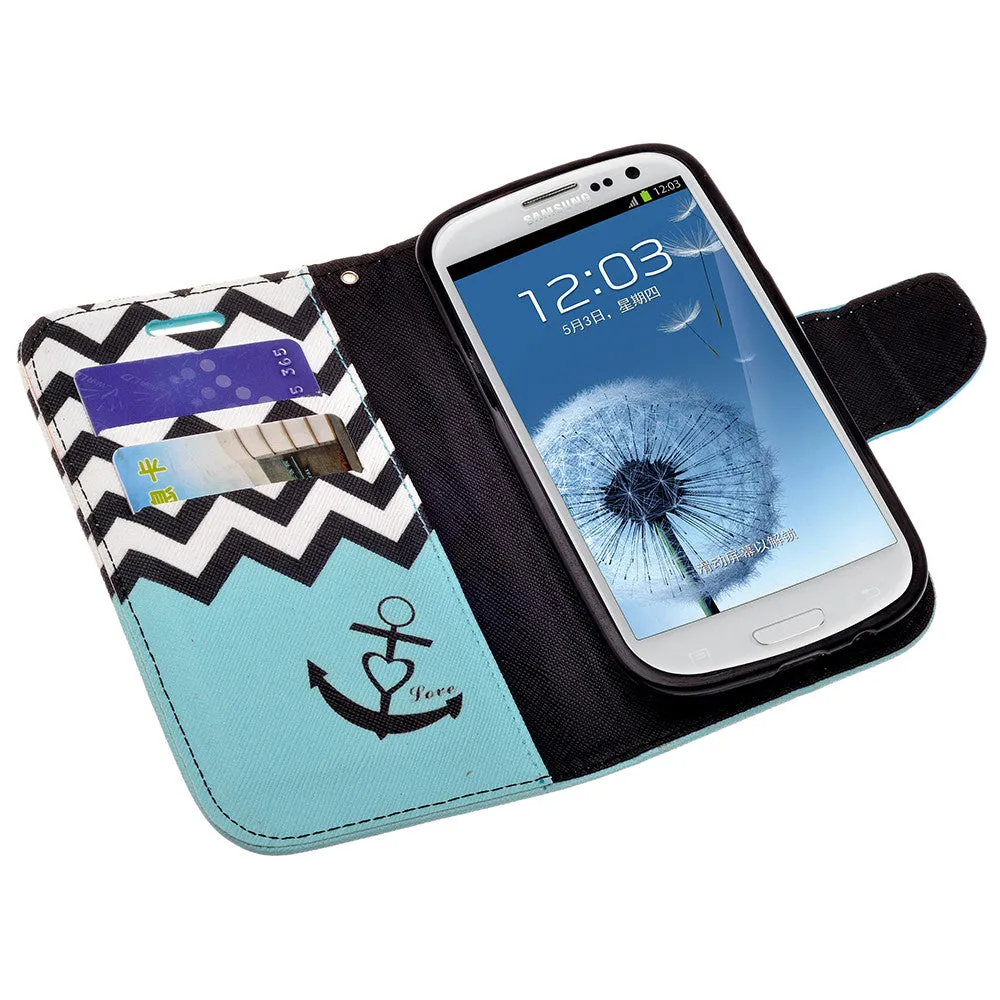 Samsung Galaxy S3 Case, Wrist Strap Magnetic Fold[Kickstand] Pu Leather Wallet Case with ID & Credit Card Slots for Samsung Galaxy S3 - Teal Anchor