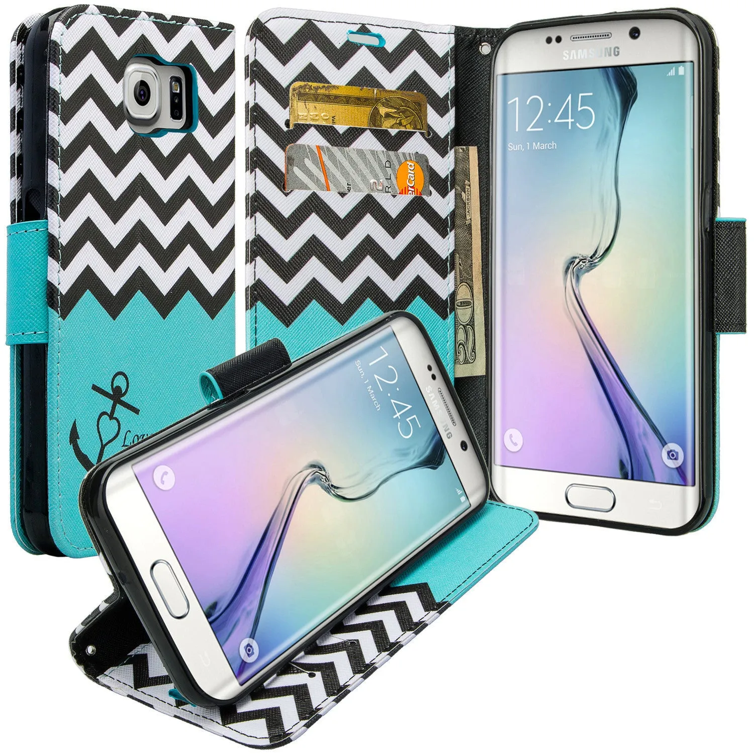 Samsung Galaxy S6 Edge Plus Case, Wrist Strap Magnetic Flip Fold[Kickstand] Pu Leather Wallet Case with ID & Card Slots - Teal Anchor