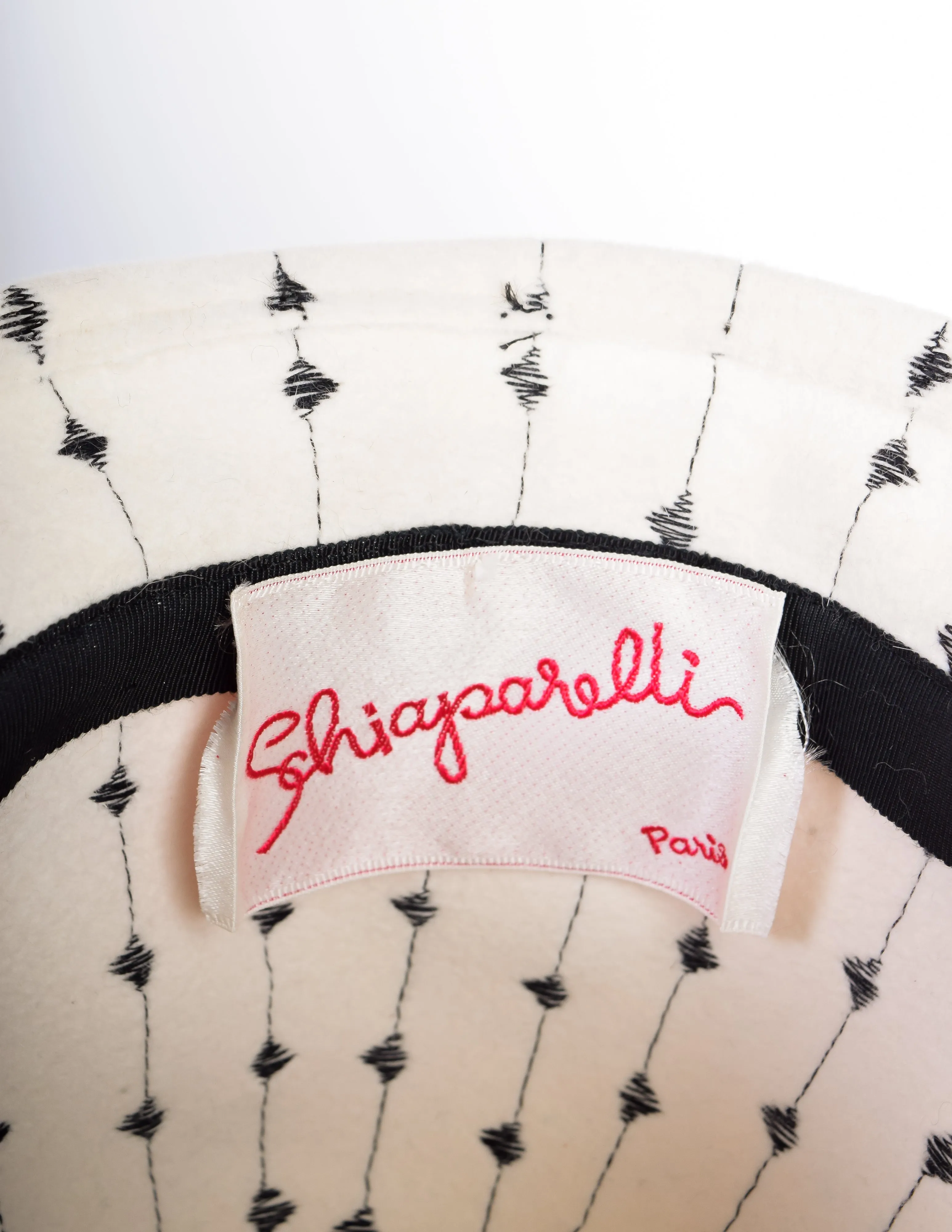 Schiaparelli Vintage Off White and Black Embroidered Wool Leather Hat