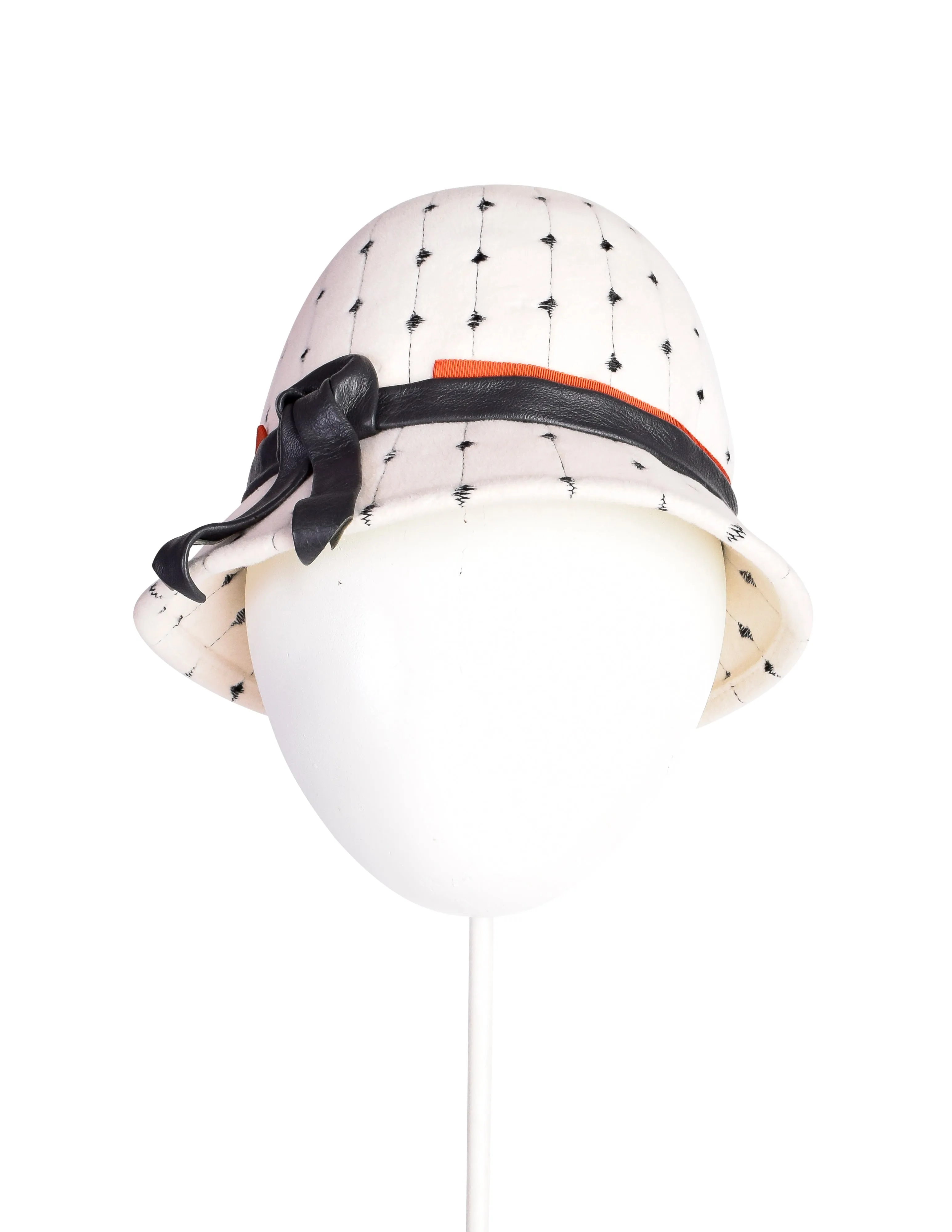 Schiaparelli Vintage Off White and Black Embroidered Wool Leather Hat