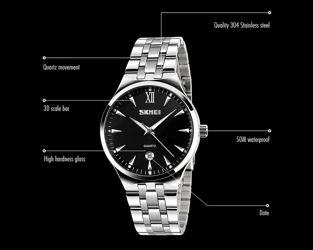 SKMEI Date Display Luminous Stainless Steel Men Watches 9071 - Black