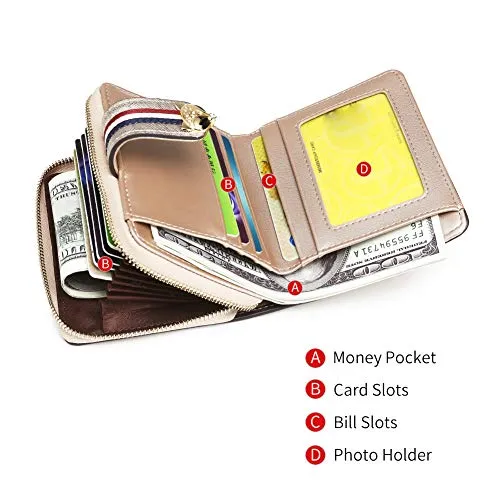 Small Leather Wallets for Women, Split Cowhide Gift Box Packing Ladies Bifold Purses with Zipper Coin Pocket Women's Mini Zip Around Wallets Girls Compact Card Case Purse Credit Card Holders (Gold)