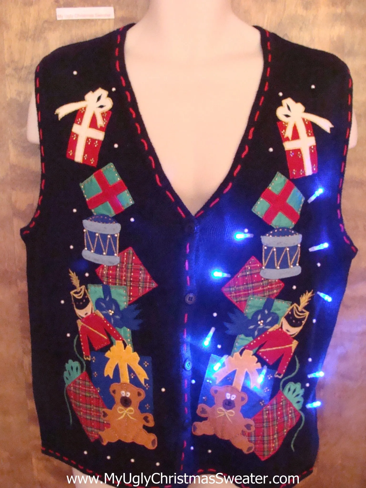 Stacked Bear, Nutcracker and Gifts Light Up Ugly Xmas Sweater Vest