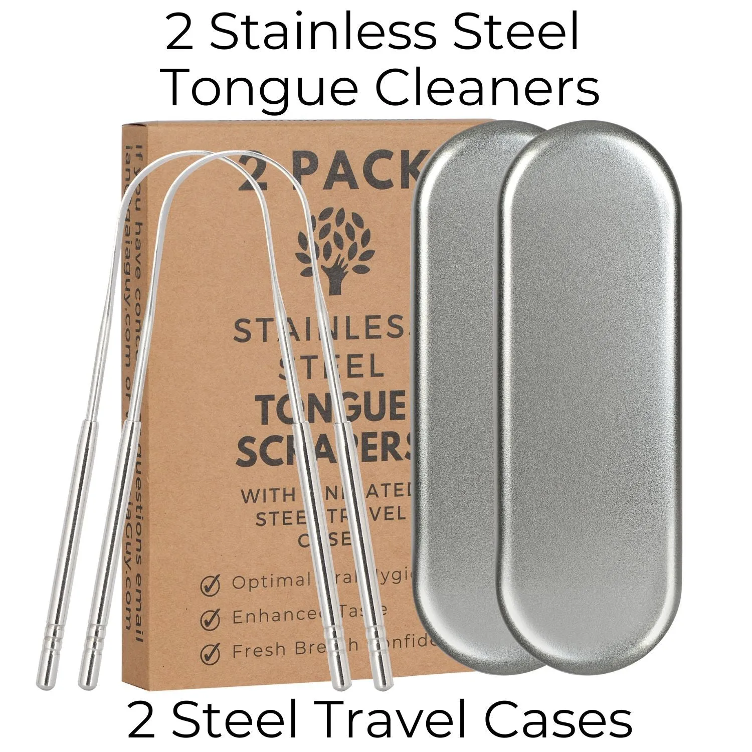 Stainless Steel Tongue Scraper with Metal Case - 2 Pack - Plastic Free Tongue Cleaners