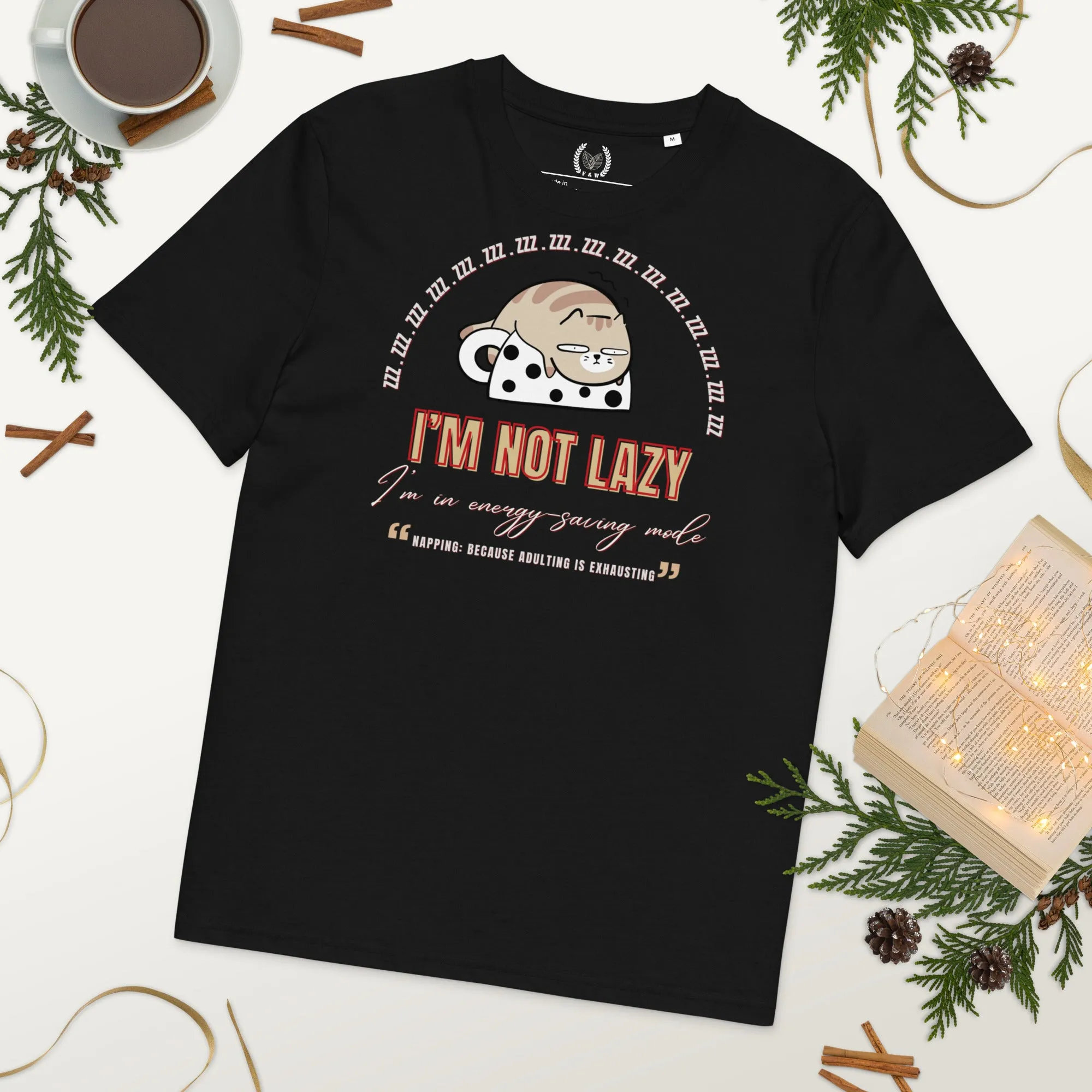 Vegan & Sustainable Cat Print T-Shirt "I Am Not Lazy”