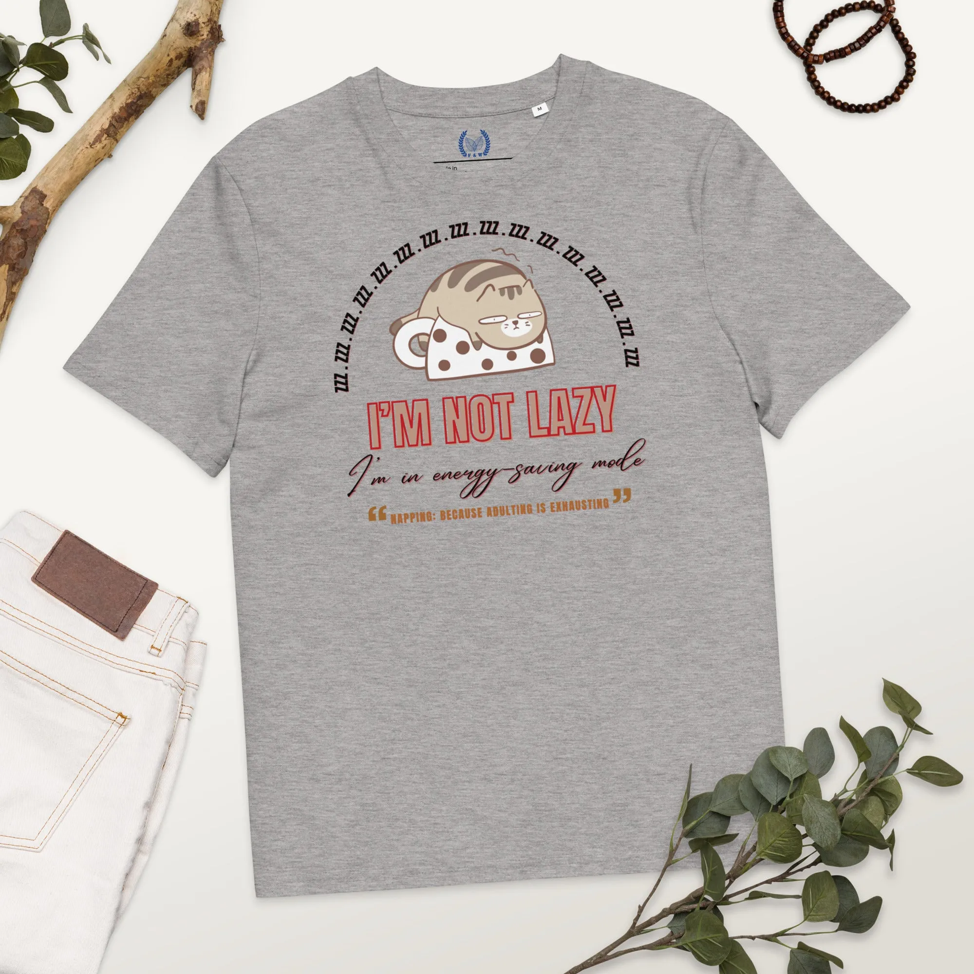 Vegan & Sustainable Cat Print T-Shirt "I Am Not Lazy”