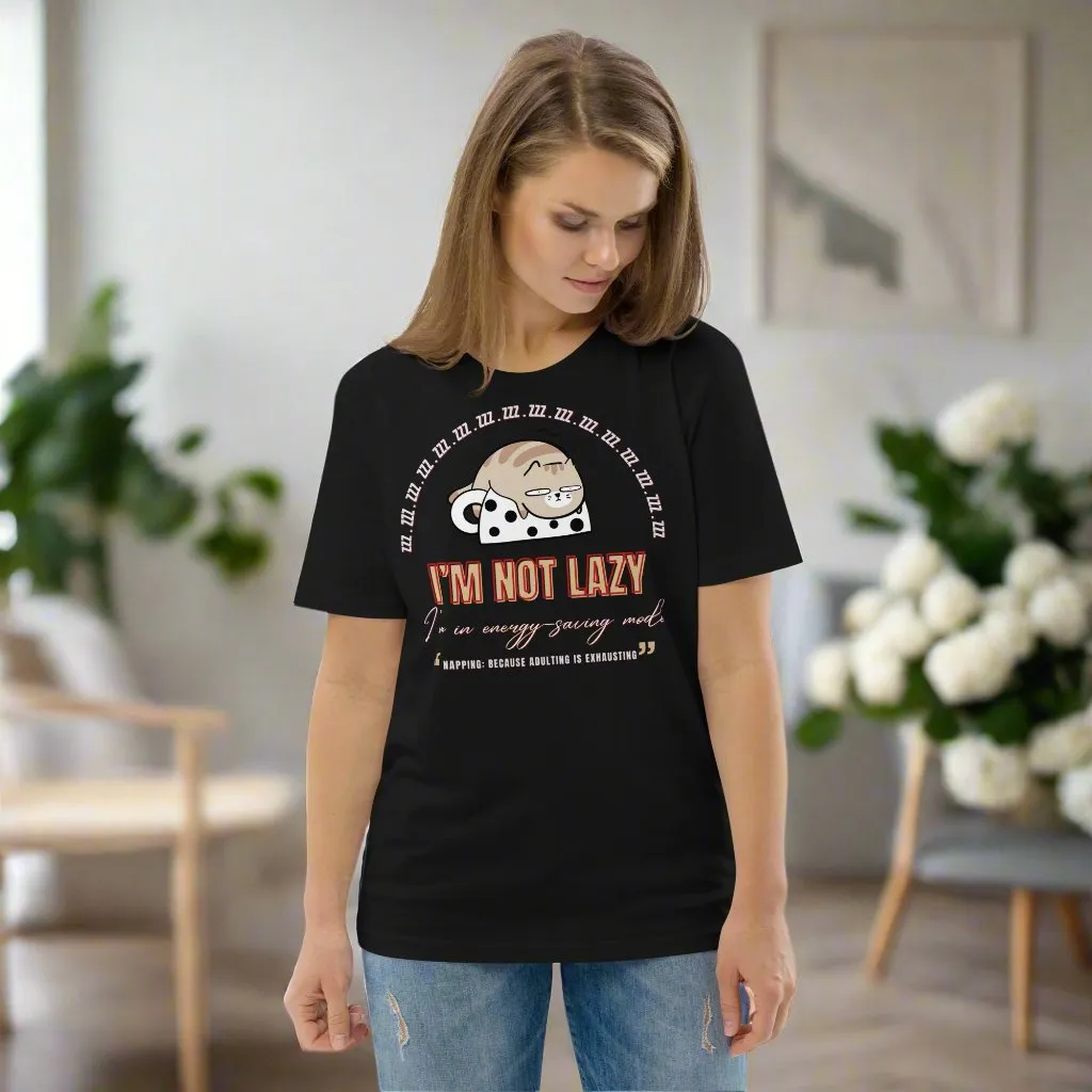 Vegan & Sustainable Cat Print T-Shirt "I Am Not Lazy”