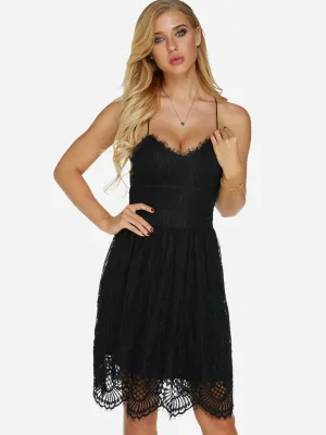 Wholesale Black V-Neck Sleeveless Lace Backless Spaghetti Strap Mini Dresses