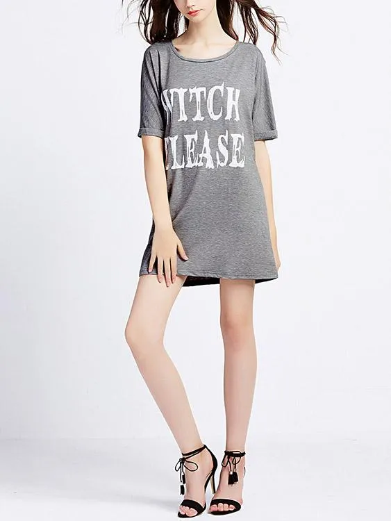 Wholesale Grey Round Neck Half Sleeve Letter Mini Dress