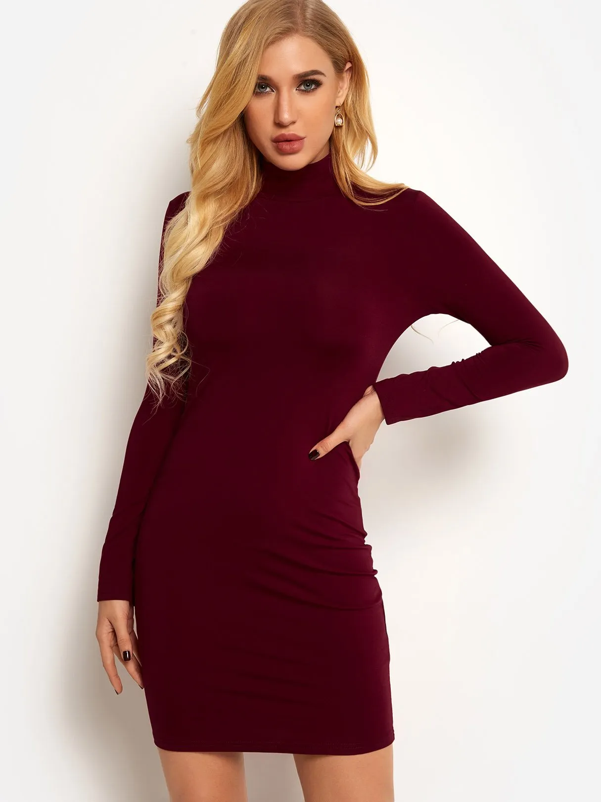 Wholesale Perkins Collar Long Sleeve Plain Zip Back Mini Dress