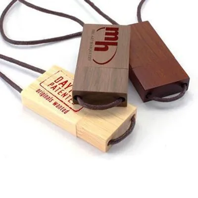 Wooden USB Flash Drive With Sliding Cord Lanyard