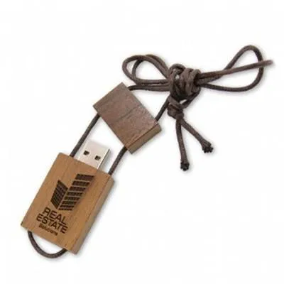 Wooden USB Flash Drive With Sliding Cord Lanyard