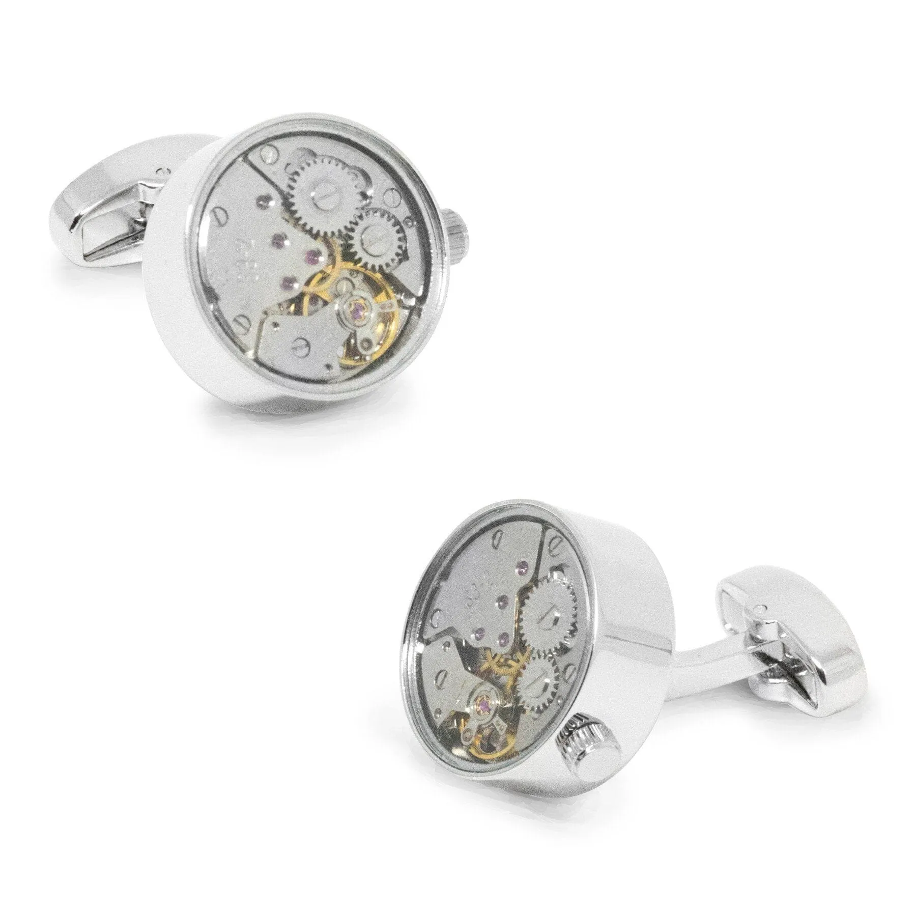 Working Watch Movement Steampunk Cufflinks Silver