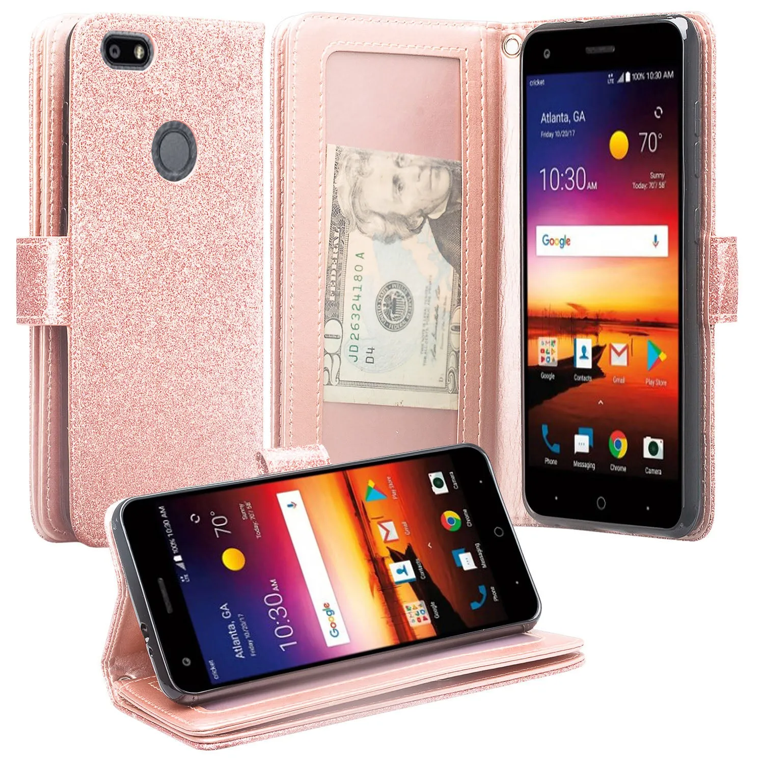 ZTE Blade X Case, [Wrist Strap] Glitter Faux Leather Flip [Kickstand Feature] Protective Wallet Case Cover Clutch - Rose Gold