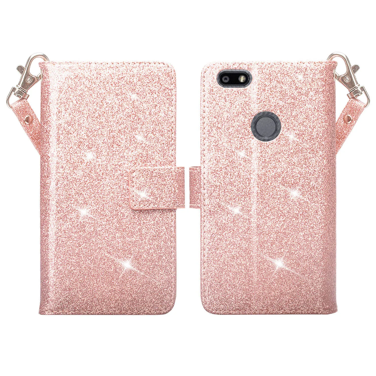 ZTE Blade X Case, [Wrist Strap] Glitter Faux Leather Flip [Kickstand Feature] Protective Wallet Case Cover Clutch - Rose Gold