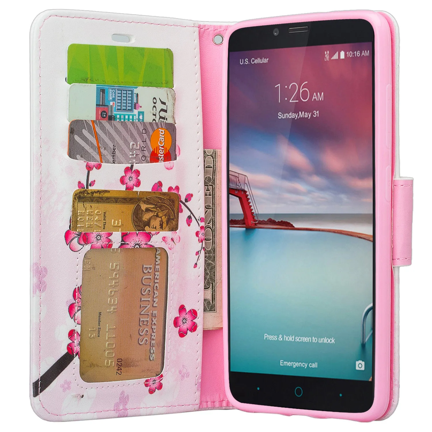 ZTE ZMAX Pro Case | Blade X Max | ZTE Carry | ZTE Grand X Max 2 Case | ZTE Imperial Max Case | Max Duo Wrist Strap Pu Leather Magnetic Fol[Kickstand] Wallet Case[ID & Card Slots] - Cherry Blossom